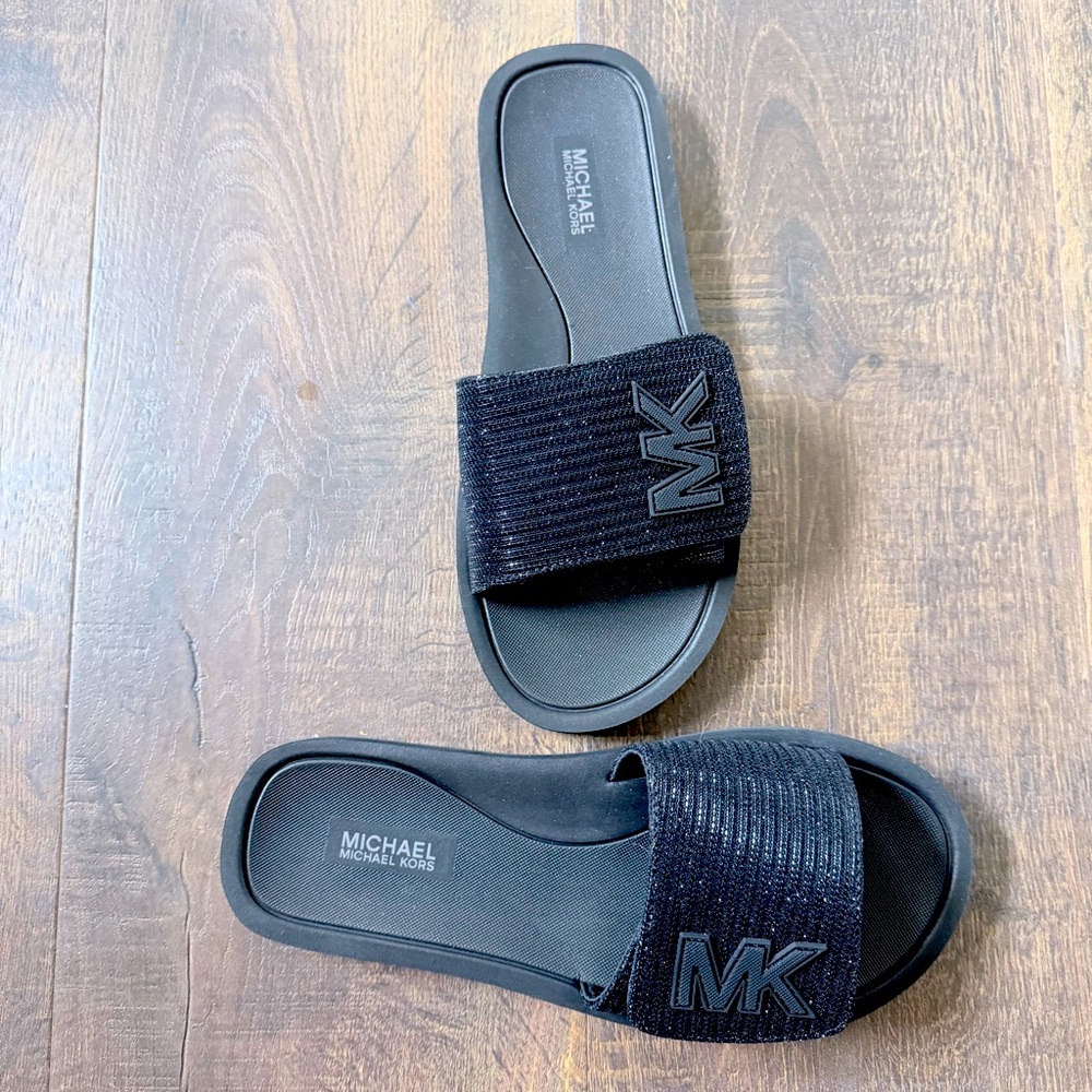NEW Michael Kors MK Slide | Glitter Chain Mesh | Black | Size 8